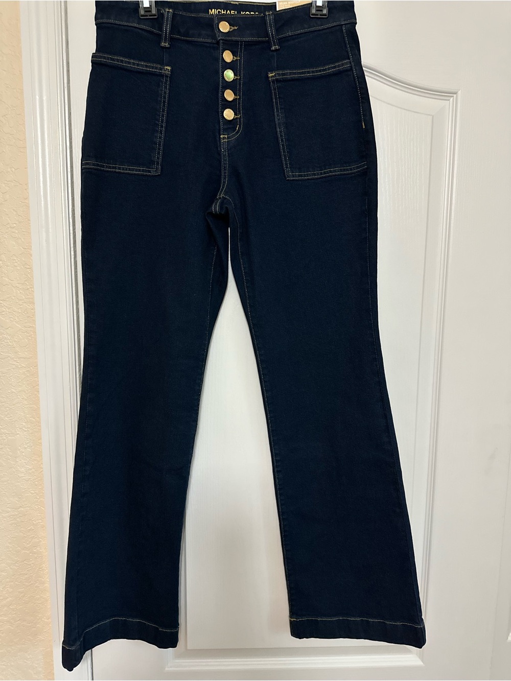 Michael Kors Dark Blue High-Rise Wide Leg Jeans with Button-Fly